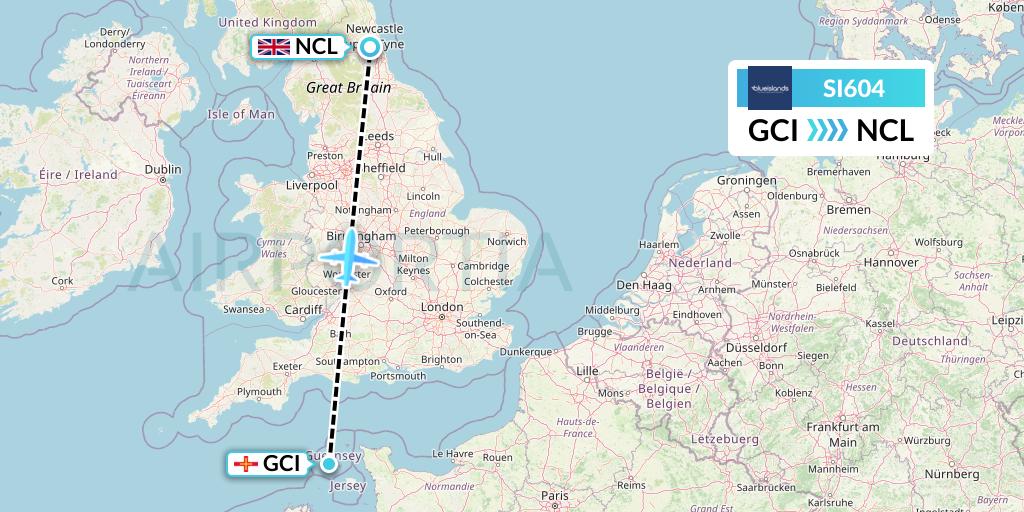 SI604 Blue Islands Flight Map: Guernsey to Newcastle