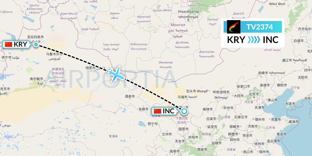 TV2374 Tibet Airlines Flight Map: Karamay to Yinchuan