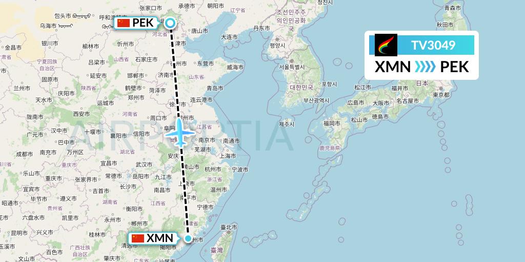 TV3049 Tibet Airlines Flight Map: Xiamen to Beijing