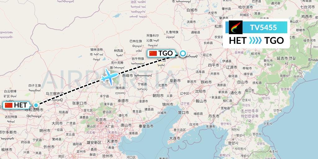 TV5455 Tibet Airlines Flight Map: Hohhot to Tongliao