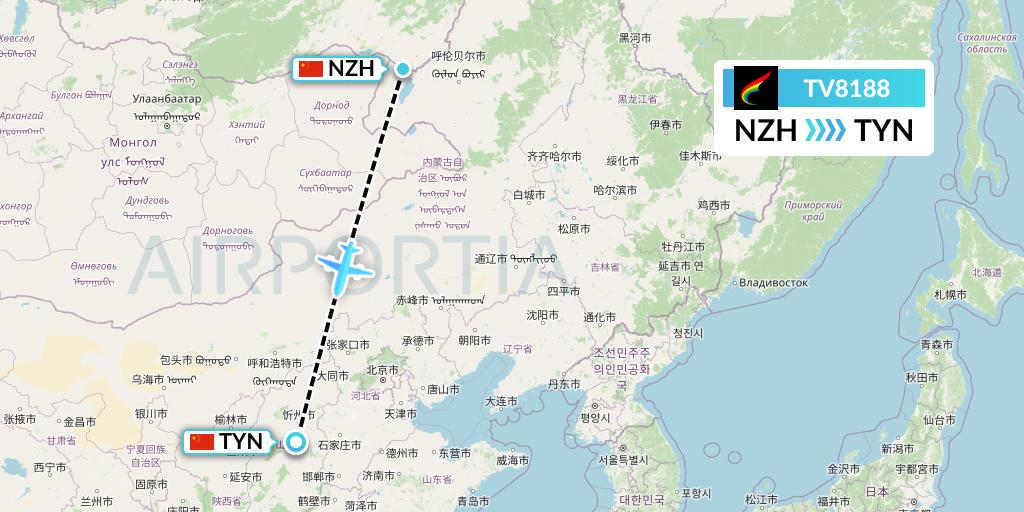 TV8188 Tibet Airlines Flight Map: Manzhouli to Taiyuan