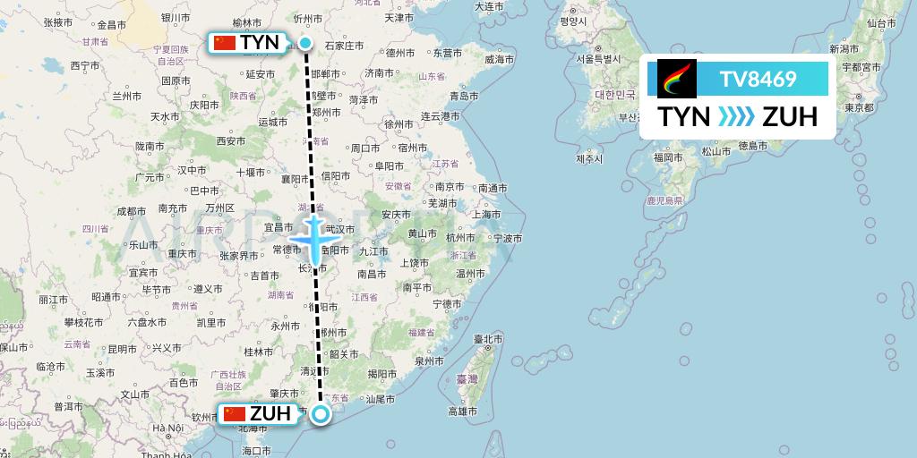 TV8469 Tibet Airlines Flight Map: Taiyuan to Zhuhai