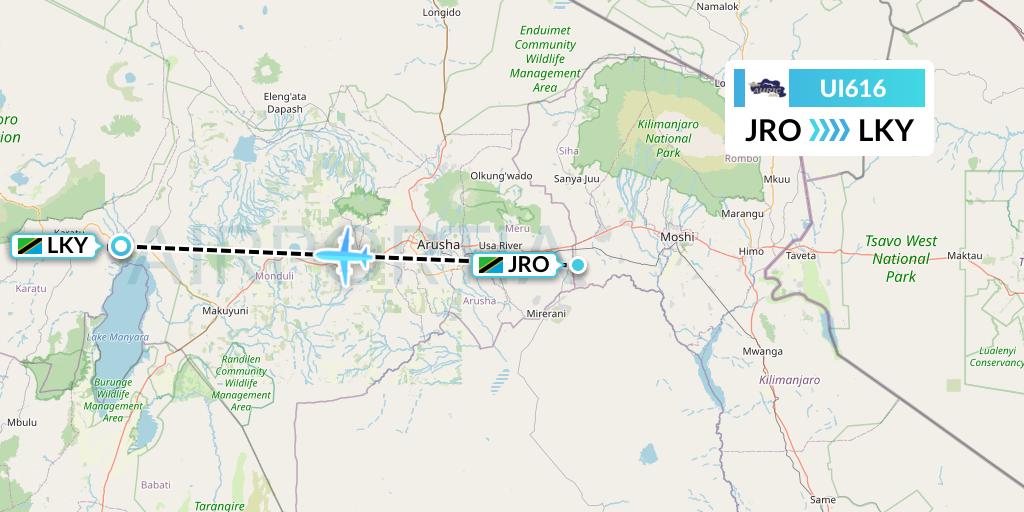 UI616 Auric Air Flight Map: Kilimanjaro to Lake Manyara National Park