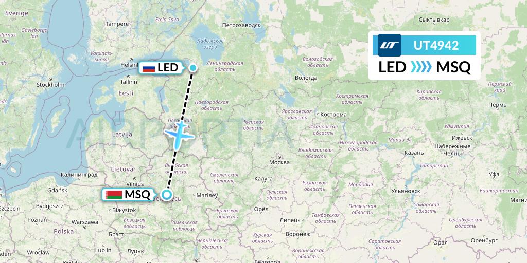 UT4942 UTair Flight Map: St. Petersburg to Minsk