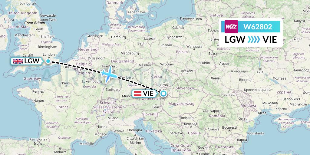 W62802 Wizz Air Flight Map: London to Vienna