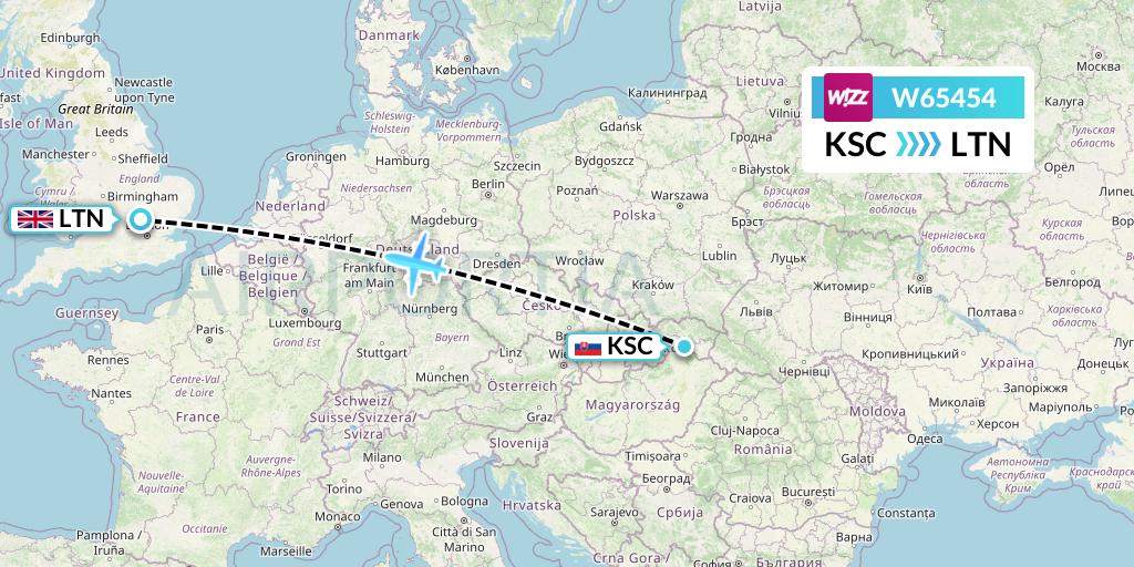 W65454 Wizz Air Flight Map: Kosice to London