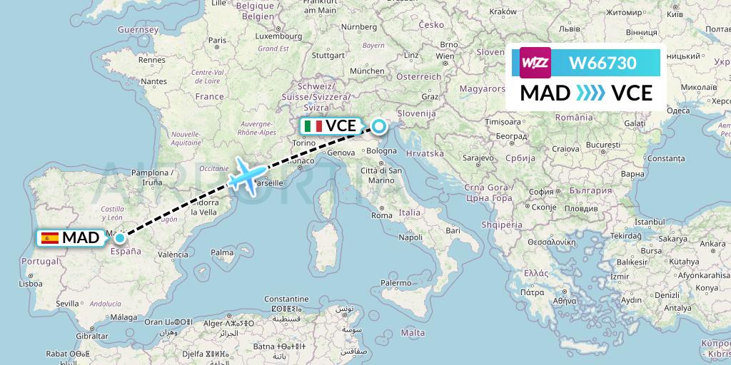 W66730 Wizz Air Flight Map: Madrid to Venice
