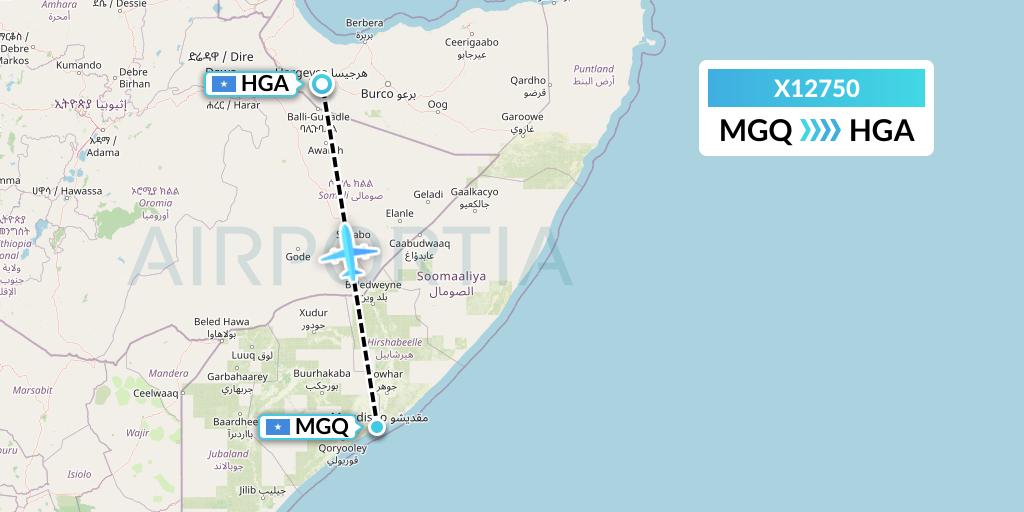 X12750 Nik Airways Flight Map: Mogadishu to Hargeisa