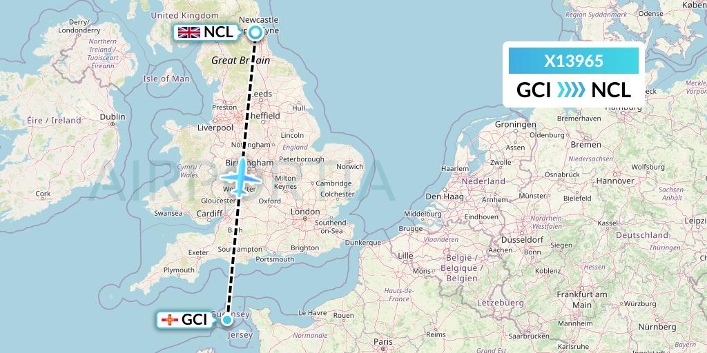 X13965 Nik Airways Flight Map: Guernsey to Newcastle