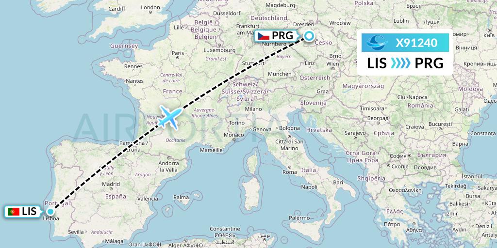 X91240 Avion Express Flight Map: Lisbon to Prague