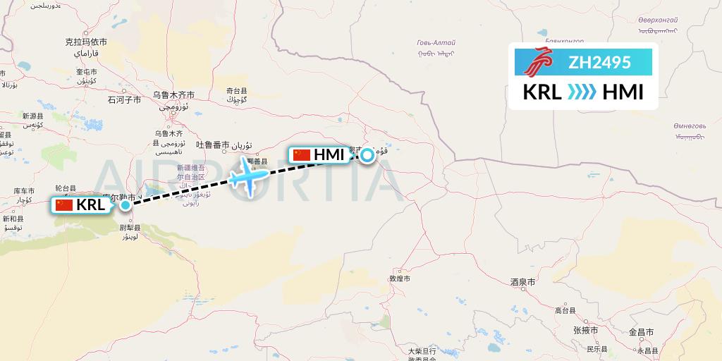 ZH2495 Shenzhen Airlines Flight Map: Korla to Hami City