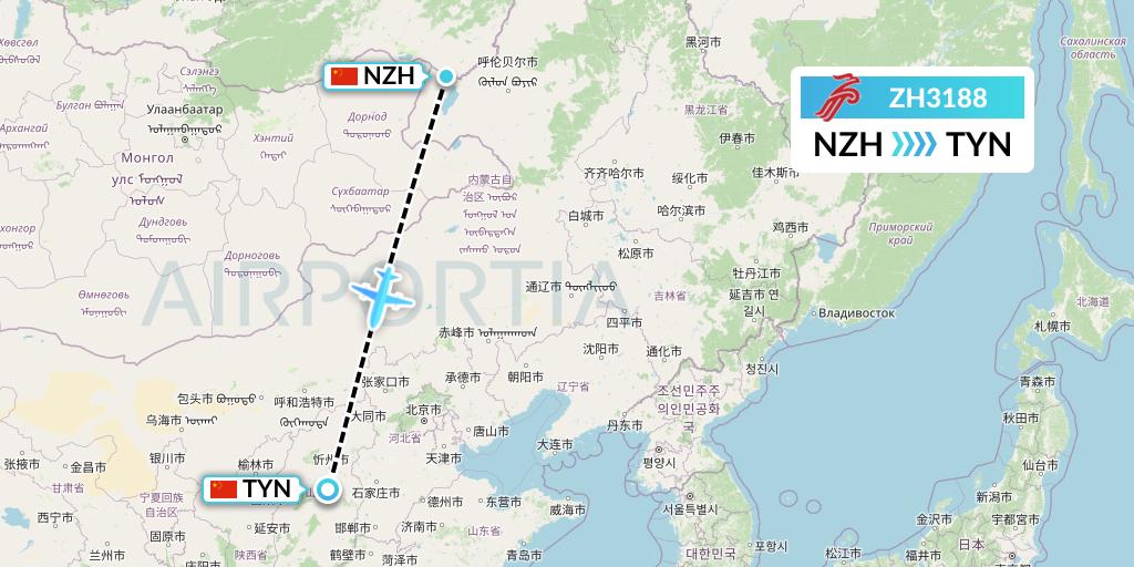 ZH3188 Shenzhen Airlines Flight Map: Manzhouli to Taiyuan
