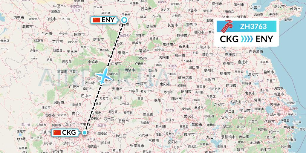 ZH3763 Shenzhen Airlines Flight Map: Chongqing to Yan'an