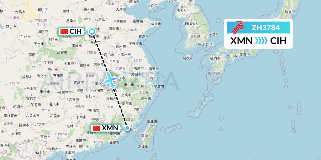 ZH3784 Shenzhen Airlines Flight Map: Xiamen to Changzhi