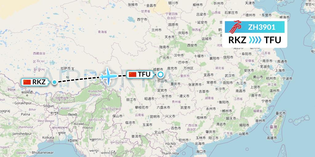 ZH3901 Shenzhen Airlines Flight Map: Shigatse to Chengdu