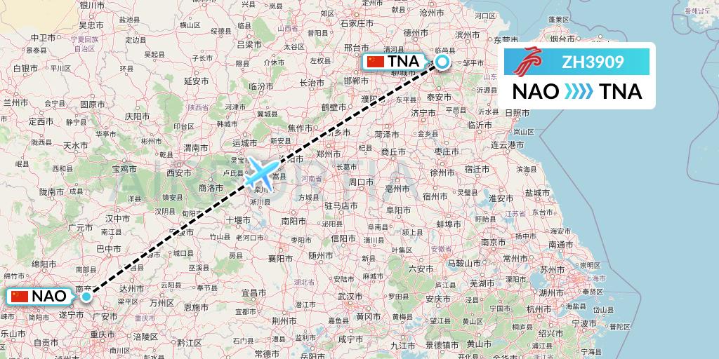 ZH3909 Shenzhen Airlines Flight Map: Nanchong to Jinan