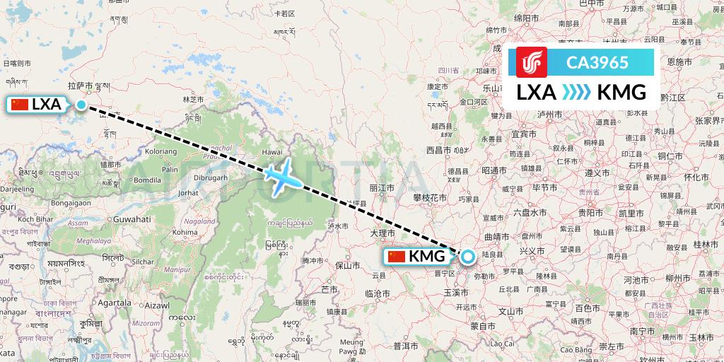 CA3965 Air China Flight Map: Lhasa to Kunming