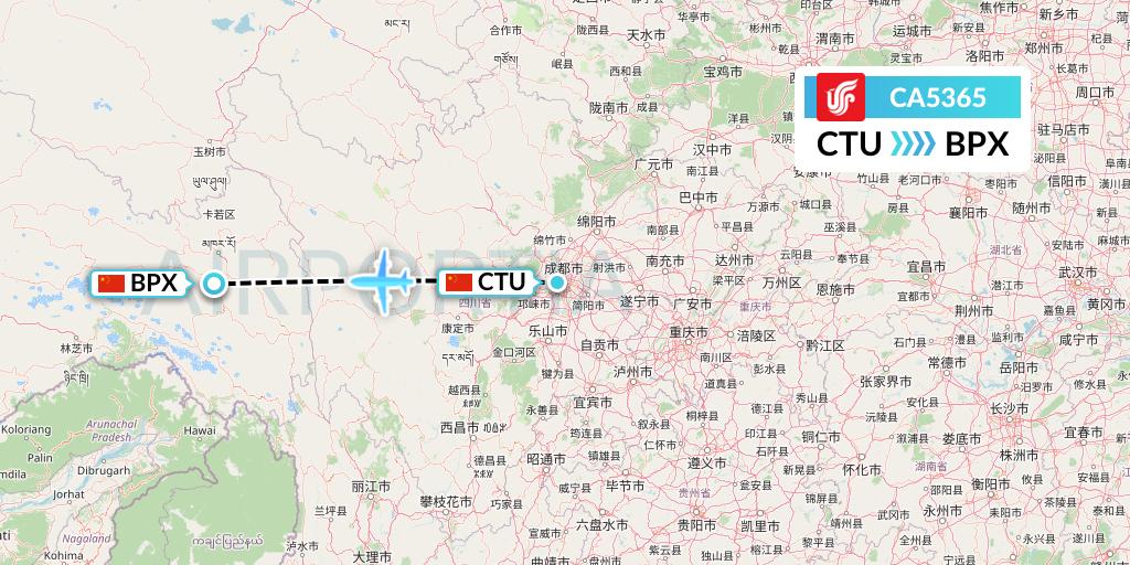 CA5365 Air China Flight Map: Chengdu to Bangda