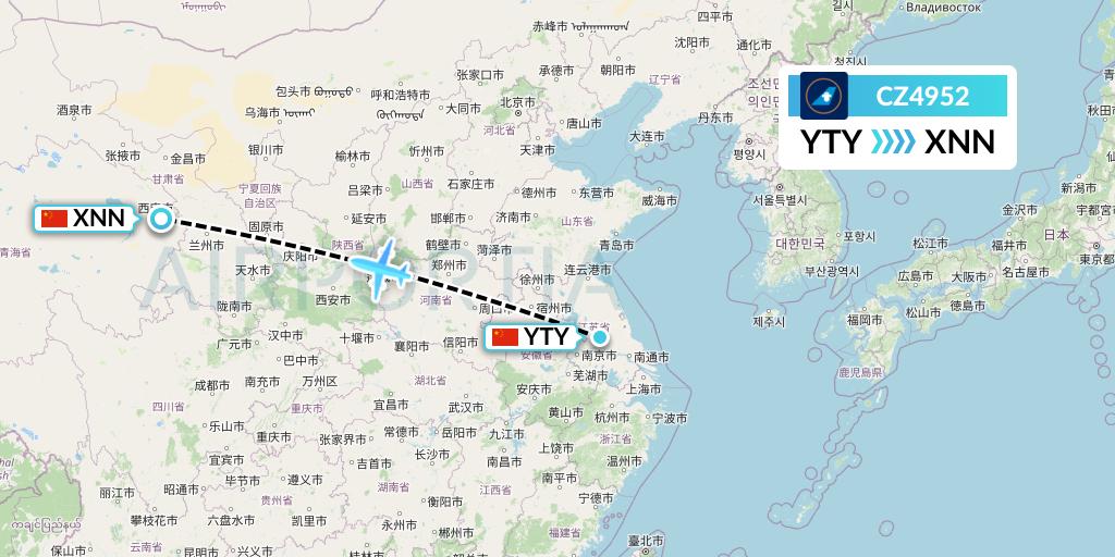 CZ4952 China Southern Airlines Flight Map: Yangzhou to Xining