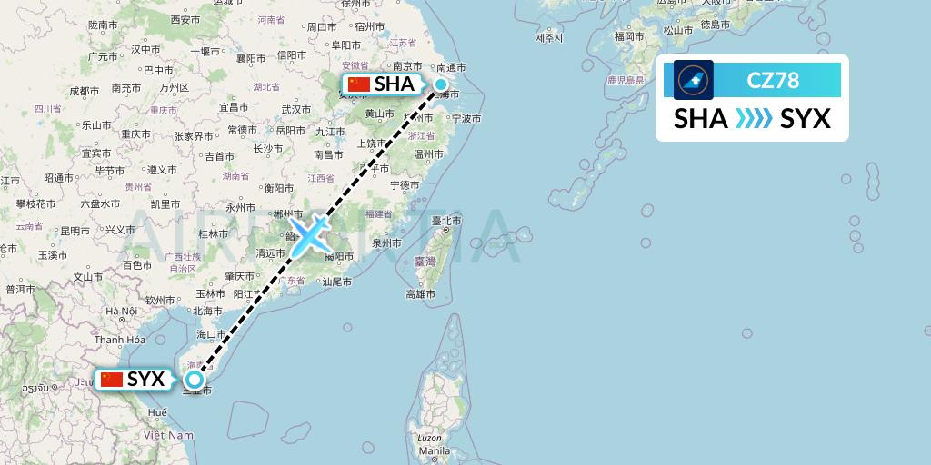 CZ78 China Southern Airlines Flight Map: Shanghai to Sanya