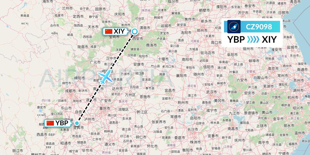 CZ9098 China Southern Airlines Flight Map: Yibin to Xi'an