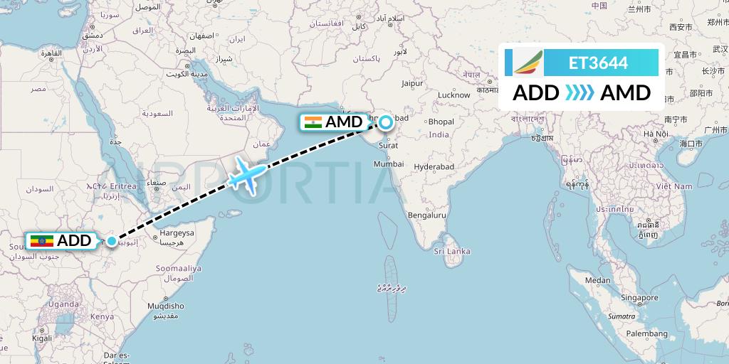 ET3644 Ethiopian Airlines Flight Map: Addis Ababa to Ahmedabad