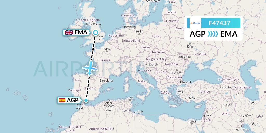 F47437 Air Flamenco Flight Map: Malaga to East Midlands