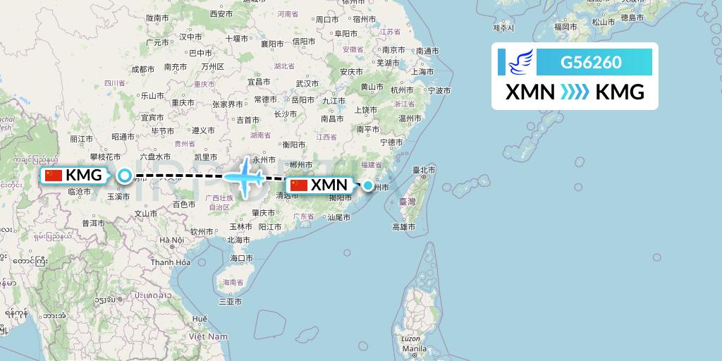 G56260 China Express Airlines Flight Map: Xiamen to Kunming