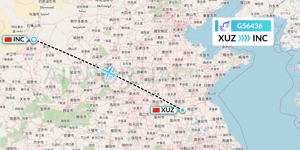G56436 China Express Airlines Flight Map: Xuzhou to Yinchuan