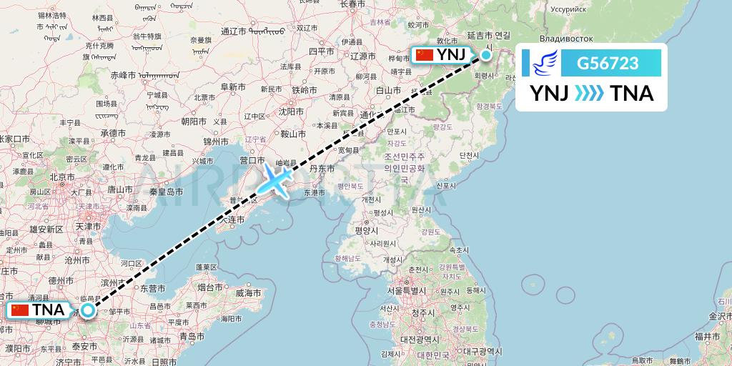 G56723 China Express Airlines Flight Map: Yanji to Jinan