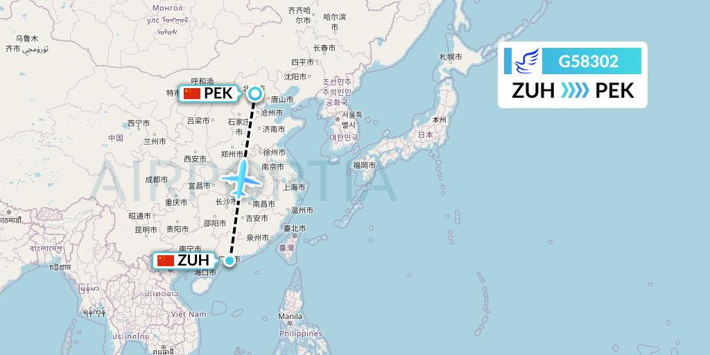 G58302 China Express Airlines Flight Map: Zhuhai to Beijing