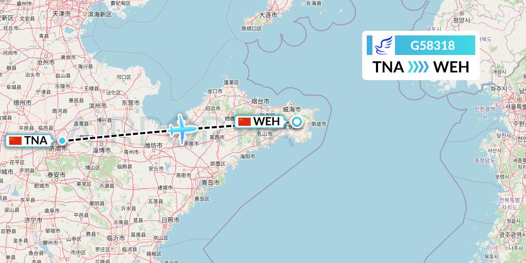 G58318 China Express Airlines Flight Map: Jinan to Weihai