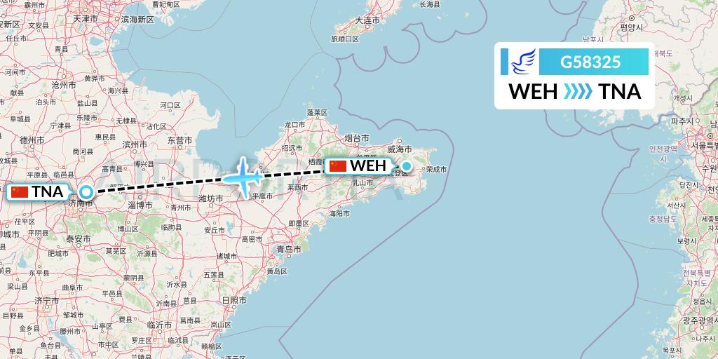 G58325 China Express Airlines Flight Map: Weihai to Jinan