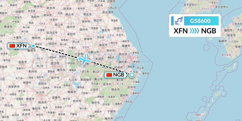 G58600 China Express Airlines Flight Map: Xiangyang to Ningbo