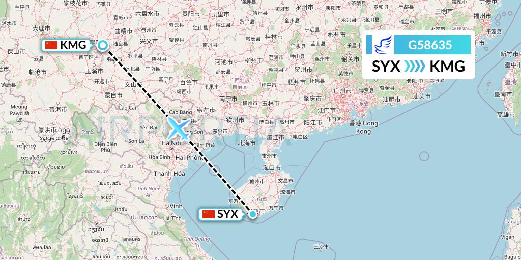 G58635 China Express Airlines Flight Map: Sanya to Kunming