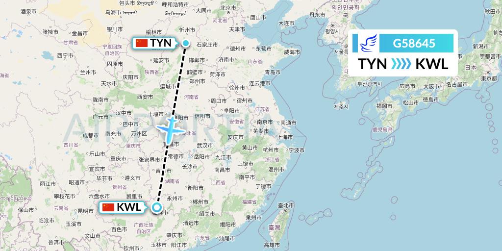 G58645 China Express Airlines Flight Map: Taiyuan to Guilin