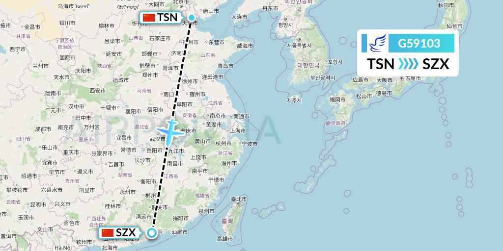 G59103 China Express Airlines Flight Map: Tianjin to Shenzhen