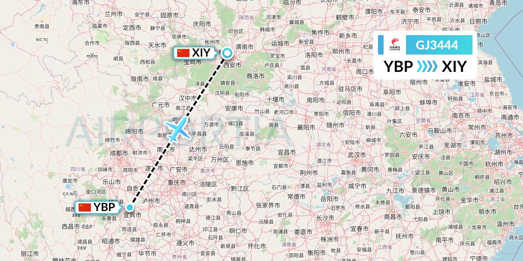 GJ3444 Loong Airlines Flight Map: Yibin to Xi'an