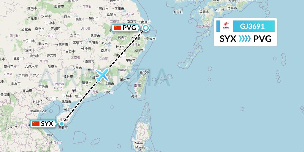 GJ3691 Loong Airlines Flight Map: Sanya to Shanghai