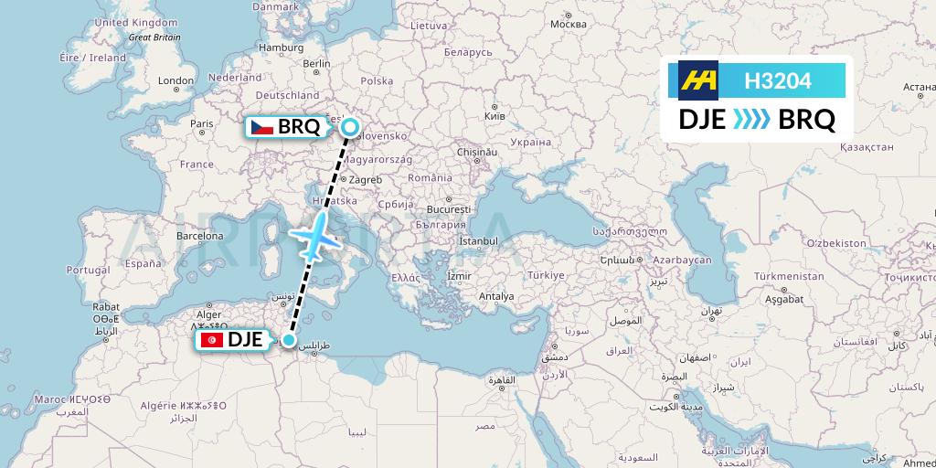 H3204 Harbour Air Flight Map: Djerba to Brno