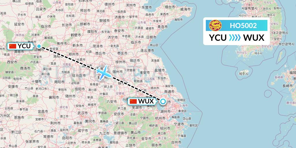 HO5002 Juneyao Airlines Flight Map: Yuncheng to Wuxi