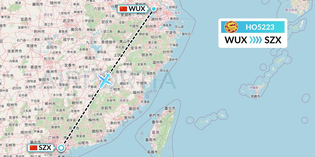 HO5223 Juneyao Airlines Flight Map: Wuxi to Shenzhen