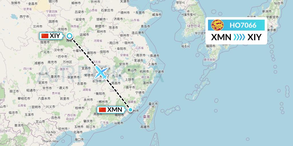 HO7066 Juneyao Airlines Flight Map: Xiamen to Xi'an