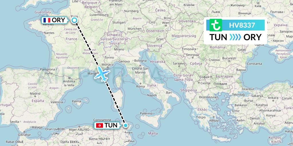 HV8337 Transavia Flight Map: Tunis to Paris