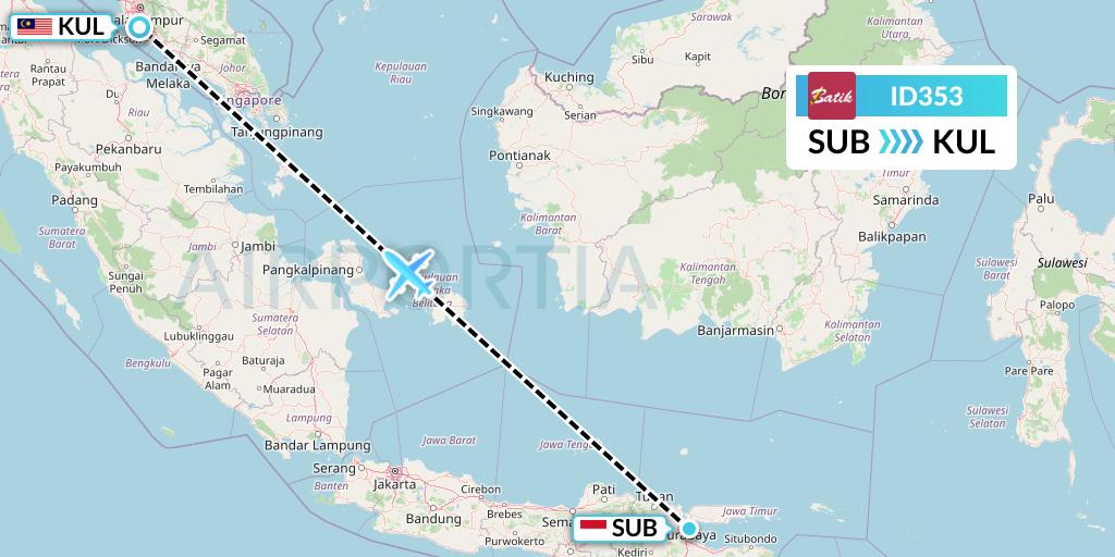 ID353 Batik Air Flight Map: Surabaya to Kuala Lumpur