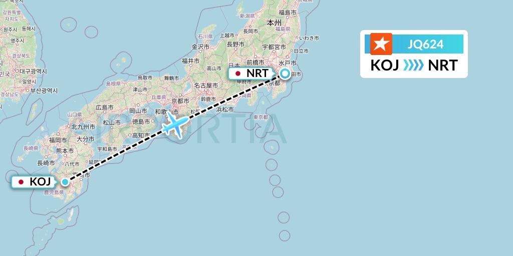 JQ624 Jetstar Airways Flight Map: Kagoshima to Tokyo