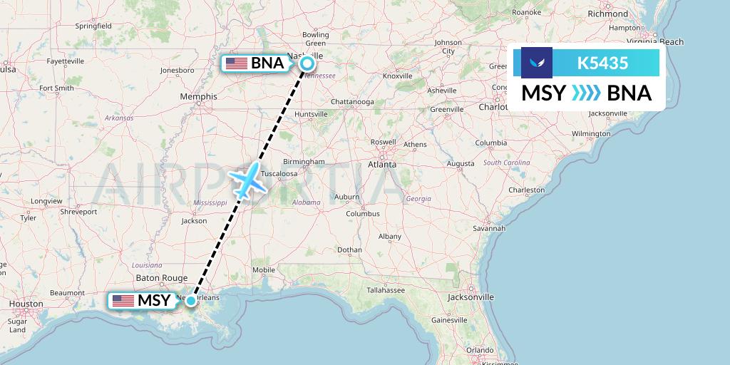 K5435 SeaPort Airlines Flight Map: New Orleans to Nashville