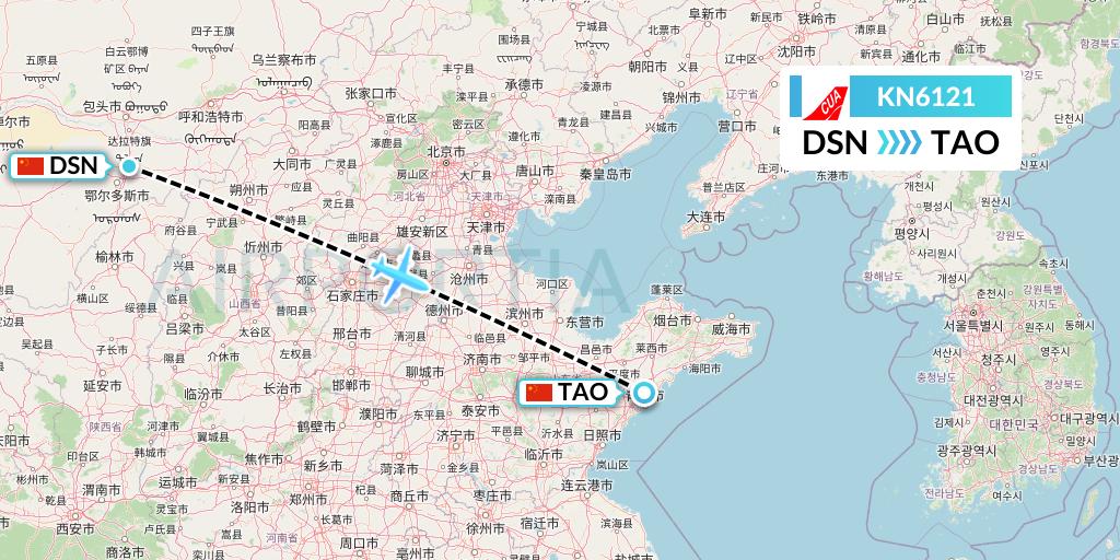 KN6121 China United Airlines Flight Map: Dongsheng to Qingdao