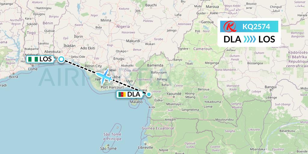 KQ2574 Kenya Airways Flight Map: Douala to Lagos