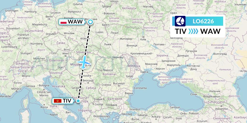 LO6226 LOT Flight Map: Tivat to Warsaw